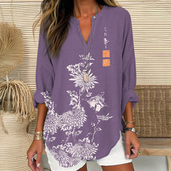 Vintage Chrysanthemum Printed V Neck Long Sleeve Blouse
