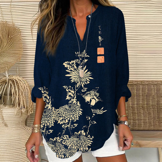 Vintage Chrysanthemum Printed V Neck Long Sleeve Blouse