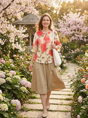 Women Vintage Flower Art Print Loose Peter Pan Collar Half Sleeve Blouses