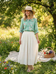 Women Vintage Floral Art Print Loose Peter Pan Collar Half Sleeve Blouses