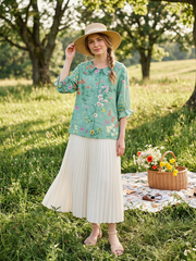 Women Vintage Floral Art Print Loose Peter Pan Collar Half Sleeve Blouses