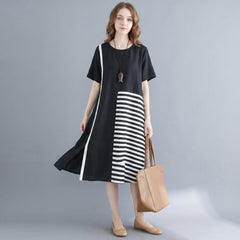 Black Natural Cotton Dress Casual Casual Dress Fine Short Sleeve O Neck Cotton Dress