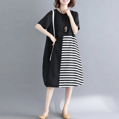 Black Natural Cotton Dress Casual Casual Dress Fine Short Sleeve O Neck Cotton Dress