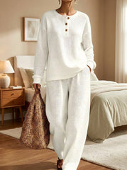 Womens Waffle Texture Henley Two Henley Neck Piece Set