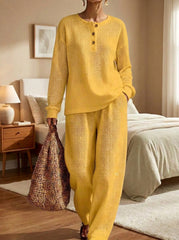 Womens Waffle Texture Henley Two Henley Neck Piece Set