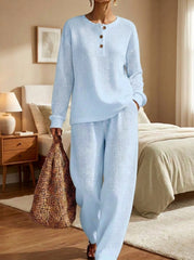 Womens Waffle Texture Henley Two Henley Neck Piece Set