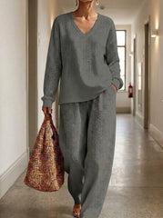 Womens Waffle Texture V Neck Two Piece Set