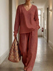 Womens Waffle Texture V Neck Two Piece Set