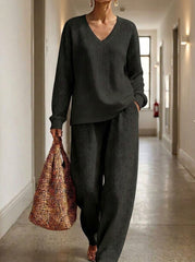 Womens Waffle Texture V Neck Two Piece Set