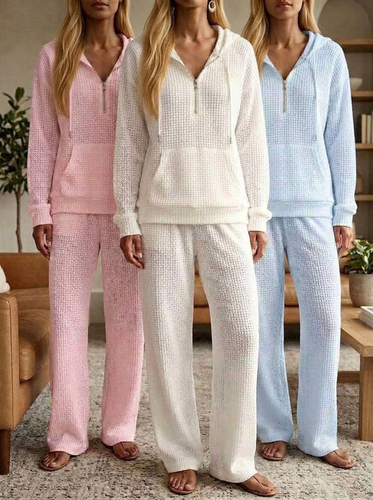 Womens Waffle Texture Casual Zip Hoodie Lounge Set