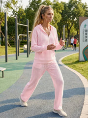 Womens Waffle Texture Casual Zip Hoodie Lounge Set