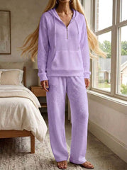Womens Waffle Texture Casual Zip Hoodie Lounge Set