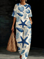 Womens Waffle Texture Seashell Print Two Piece Set