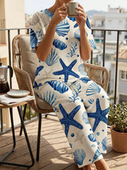 Womens Waffle Texture Seashell Print Two Piece Set