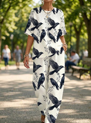 Womens Waffle Texture Crow Print Two Piece Set