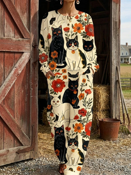 Womens Waffle Texture Black Cat Print Two Piece Set