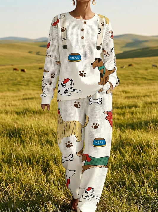 Womens Waffle Knit Cartoon Dog Print Long Sleeve Henley Set