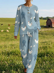Womens Waffle Knit Blue Chicken Print Long Sleeve Henley Set
