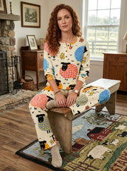Womens Waffle Knit Colorful Sheep Long Sleeve Henley Set