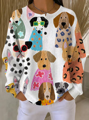 Cute Dog Print Women Waffle Knit Long‑Sleeve Casual Top