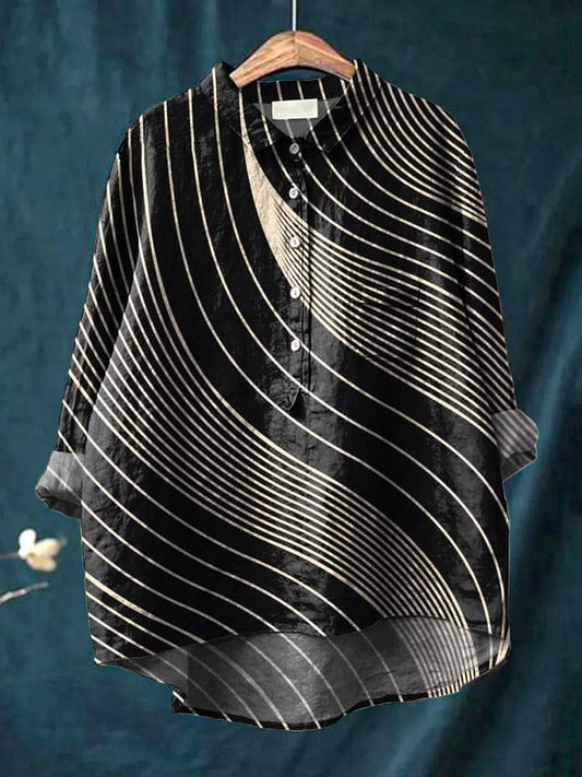 Contemporary Geometric Pattern Printed Women's Casual Cotton And Linen Shirt