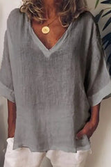 Grey V Neck Solid 3/4 Sleeve Casual Blouse