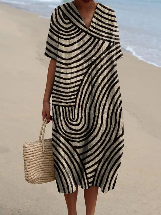 Women's Geometric Hand Drawn Circle Line Pattern Print Flowy Dress