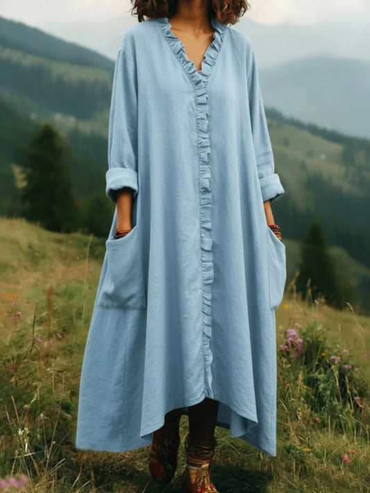 Casual Ruffle-Trim V-Neck Long Dress with Pockets