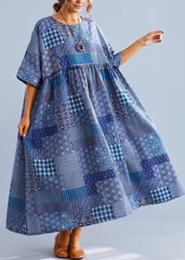 Navy Plaid Linen Cotton Clothes For Women O Neck Cinched Cotton Dress