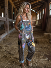 Women's Vintage Flower Chick Art Print Casual Wide Leg Jumpsuit