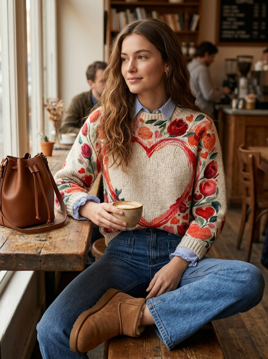 Lovely Floral Heart Valentine's Day Art Print Knit Turtleneck Pullover Sweater