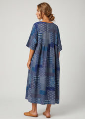 Navy Plaid Linen Cotton Clothes For Women O Neck Cinched Cotton Dress
