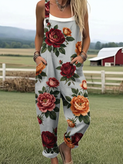 Women's Vintage Rose Print Sleeveless Loose Fit Overalls Jumpsuit