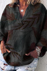 Plant Print Collared Long Sleeves Blouse