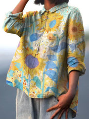 Women's Oil Painting Sunflower Pattern Print Casual Cotton And Linen Shirt