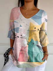 Women's Lovely Cats Art Print Casual Pullover Knit