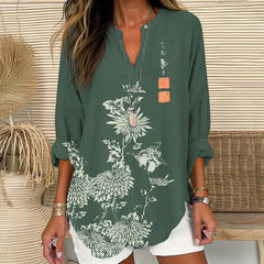 Vintage Chrysanthemum Printed V Neck Long Sleeve Blouse