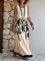 Womens Artistic Floral Leaf Print Cotton Linen Top And Skirt Set