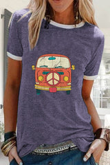 Cartoon Bus Print Round Neck Short Sleeves T-shirt