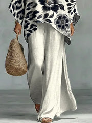 Women's Vintage Floral Art Comfortable Loose Cotton Linen Wide-leg Pants Two-piece Set