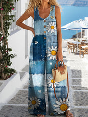 Women's Patchwork Flowers Print Casual Denim Jumpsuit