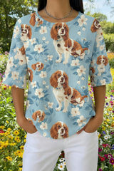 Womens Blue Puppy Pattern Print Casual Waffle Cotton Shirt