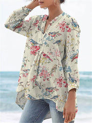 Women's Flower Print Casual Linen V-neck Shirt