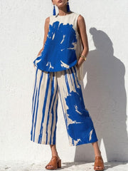 Casual Artistic Print Cotton-linen Two-piece Set: Top & Cropped Pants