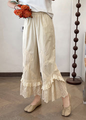 Summer New Apricot Lace Splicing Wide Leg Pants