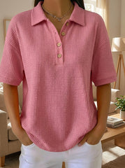 Women's Waffle Knit Polo Collar Short‑Sleeve Casual Blouse