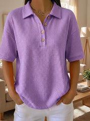 Women's Waffle Knit Polo Collar Short‑Sleeve Casual Blouse