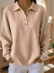 Women's Waffle Knit Henley Polo Long Sleeve Casual Loose Blouse Top