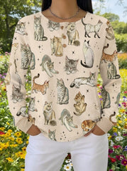 Whimsical Multi-Cat Sketch Print Long Sleeve Henley Top