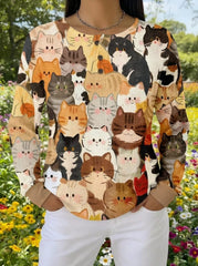 Cute Kawaii Cartoon Cat Collage Graphic Henley Top